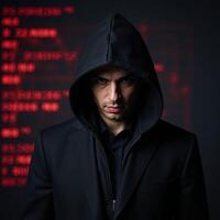 Cybercriminal depicted as a hacker with hoodie on neonred digital backdrop signifying cybersecurity and protection efforts photo