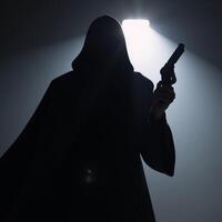 Hooded figure with gun in dark silhouette photo