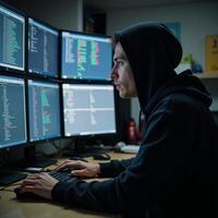 A hooded hacker engrossed in cybercrime with multiple screens and dimly lit surroundings photo