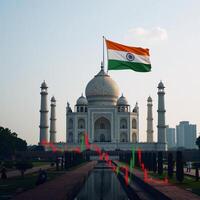 Digital illustration showcases the Indian business skyline blended with a stock exchange trading chart featuring the iconic Taj Mahal and Indias national flag photo