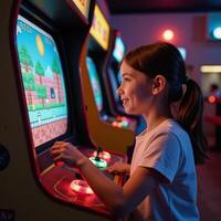 Girl playing pixel art arcade game in retrostyled gaming hall with neon lighting photo