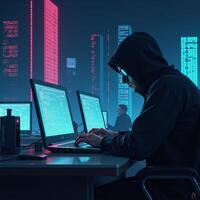 Cybersecuritythemed illustrative artwork focusing on hacking espionage and tech advancements as a UHD wallpaper design photo