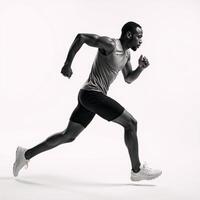 Digital halftonestyle image depicts an African American Olympian runner in action against a pure white backdrop symbolizing the Olympics photo