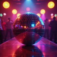 A 3D disco ball shines vibrantly amidst a retrotastic club scene showcasing a glowing neon party vibe photo