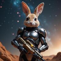 Cartoon bunny with futuristic armor and glowing blaster in a cosmic environment photo