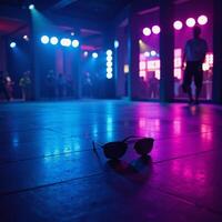 Neonlit empty dance floor at a nightclub photo