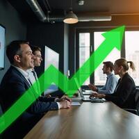 A rising green graph line represents stock market business growth photo