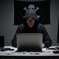 Hooded hacker depicted with computer working on illicit activities in a cybersecurity context piracy banks money highresolution portrait photo