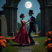 A romantic fantasy depiction of dancing skeletons amidst moonlit cemeteries on Day of the Dead photo