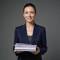 Image features a mature businesswoman clutching documents in a professional setting photo