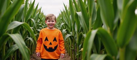 A scared boy poses inside a cornfield amidst towering stalks while standing on a large orange pumpkin during Halloween photo