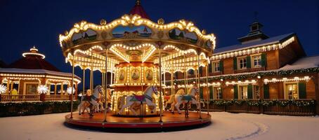 A festive carousel wonderland shimmering with twinkling lights and decor photo