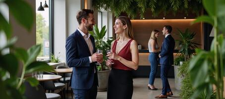 Business pros networking over cocktails amidst leafy decor at chic corporate event photo