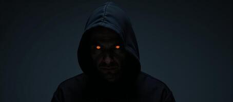 Halfbody shot of terrifying blackhooded figure with glowing orange eyes lurking in shadows photo