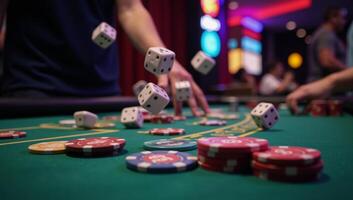 A lively casino scene with dice and poker chips flying amidst vibrant neon lights photo