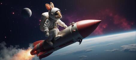 Adorable rabbitastronaut on a starryspace mission sporting a spacesuit while cruising a rocket ship photo