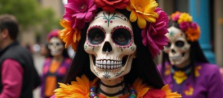 A Mexican Day of the Deadinspired portrait featuring a Halloweenthemed La Catrina design adorned with scientific elements and a human skull motif photo