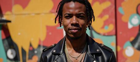 Stylish Black man posed before vibrant backdrop in Hip Hop style illustration photo