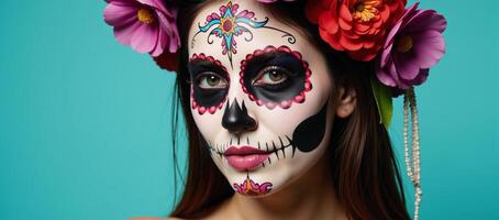 Portrait illustration featuring a woman adorned with sugar skull makeup photo