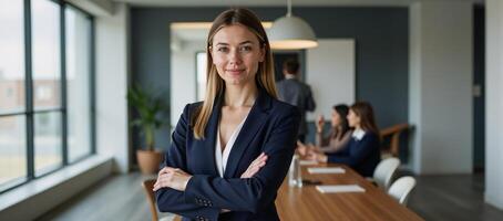 Young successful businesswoman stands confidently in a boardroom surrounded by colleagues engaged in discussion photo