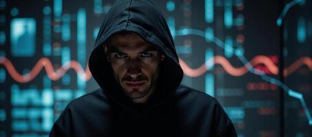 A hooded cybercriminal against a blurred glowing computer screen backdrop represents a concept of Internet Security Protection and Technology photo