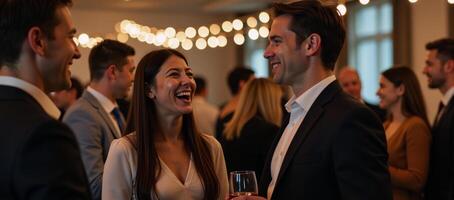 Blurred shots of office party featuring businesspeople networked together under soft lights bokeh photo
