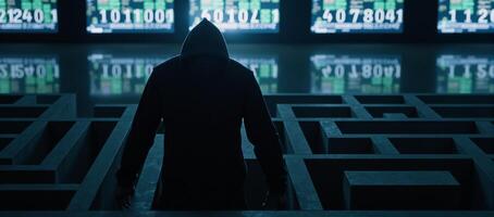 Hooded hacker silhouette amidst glowing binary codes and screens displaying number sequences photo