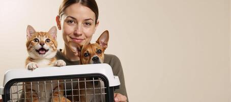 Woman carrying a pet carrier with both a cat and dog inside photo