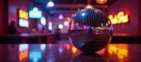 A shimmering disco ball glows amidst a vibrant neonlit environment photo