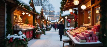 Festive watercolor scene A charming Christmas market adorned with decorated stalls snowy trees and holiday trimmings photo