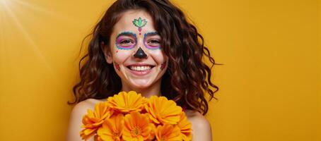 Girl with colorful sugarskull face paint and marigold bouquet smiles in a sunlit setting photo