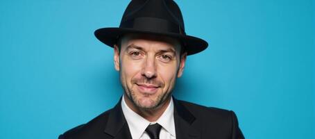 A man donning a black suit hat stands against a blue backdrop photo