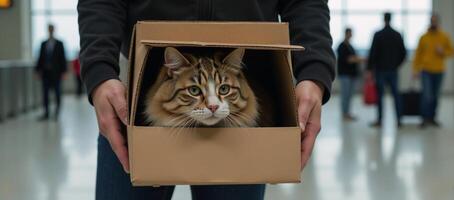 Cat carrier with feline inside set against an airport interior backdrop rendered using neural network art style photo