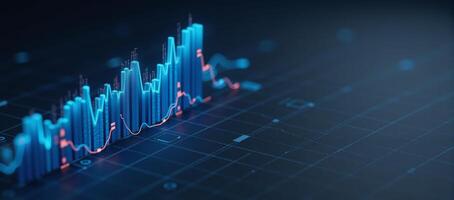 A 3Drendered economic growth graph on an abstract dark background shows a soaring financial curve in bluescale photo