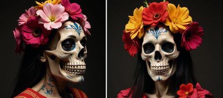 Mexican Day of the Deadthemed illustration featuring La Llorona and La Santa Muerte depicted as skulls adorned with colorful flowers Created With photo