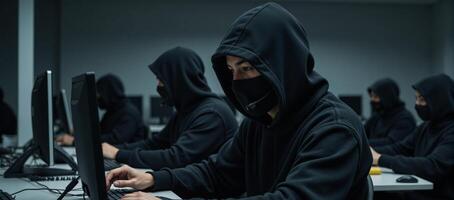 Call center scammers swindlers in masks and headsets at a computerfilled office photo