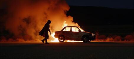 Hooded figure passing by flaming wreckage at twilight photo
