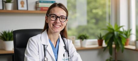 Cheerful doctor with glasses at organized desk assisting patients in plantfilled med office photo
