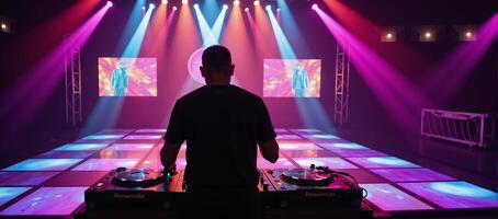 Vibrant rave party with energetic DJ setup amongst flashing lights colorful lasers photo