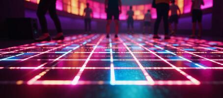 A futuristic neonlit music club with a pulsating disco dance floor and vibrant threedimensional colors emanating from the speakers photo
