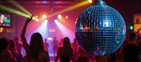 A vibrant disco ball illuminates a lively nightclub atmosphere filled with dancing and colorful lighting photo