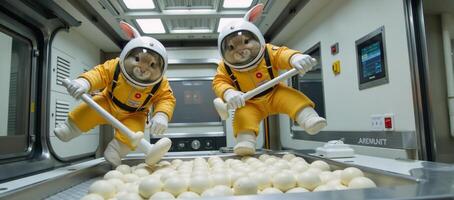 Astronaut bunnies make mochi using long hammers within a zerogravity spaceship kitchen photo