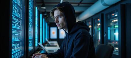 A Hacker in a Hoodie within a Data Center setting photo
