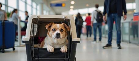 Adorable dog in pet carrier amidst bustling airport terminal photo