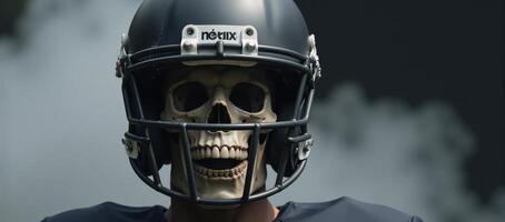 A chilling image featuring a skullhelmet fusion with a ghoulish face behind a cracked visor showcasing visible bones in the eerie fog photo