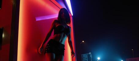 Vibrant neonlit silhouette of a stylish female figure set against a dark backdrop with a retrofuturistic nightclub atmosphere photo