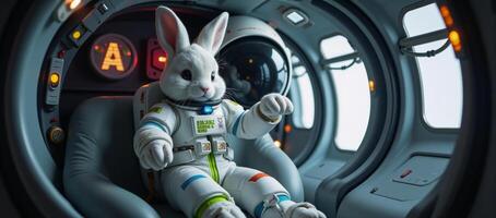 A bunny astronaut depicted inside a spaceship photo