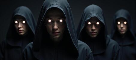 A hooded coven with glowing eye features photo