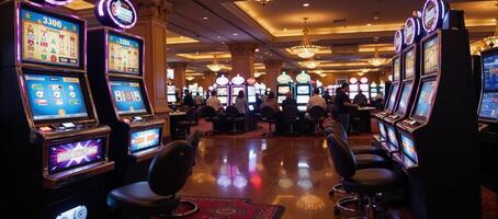 The subject is a glitzy casino scene set against the iconic backdrop of Las Vegas photo