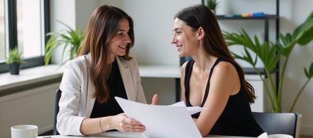 Multicultural female mentor advising trainee on business matters in office setting photo